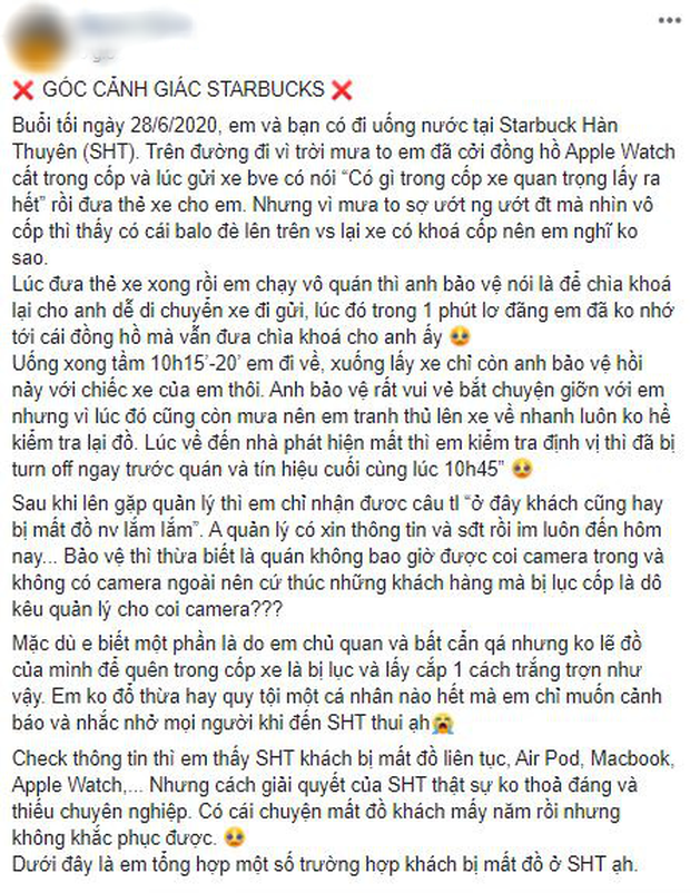 Liên tục nhiều khách hàng phản ánh mất đồ tại Starbucks Hàn Thuyên, giám đốc truyền thông lên tiếng: 'Cửa hàng không làm gì được cả' Liên tục nhiều khách hàng phản ánh mất đồ tại Starbucks Hàn Thuyên, giám đốc truyền thông lên tiếng: 'Cửa hàng không làm gì được cả'