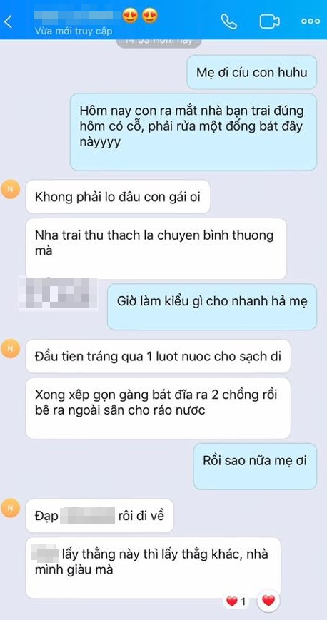 Vừa về ra mắt nhà bạn trai lần đầu đã được 'thử thách' bằng một núi bát đĩa, cô gái trẻ nhắn tin cầu cứu mẹ thì nhận được tư vấn 'bá đạo' không ngờ Vừa về ra mắt nhà bạn trai lần đầu đã được 'thử thách' bằng một núi bát đĩa, cô gái trẻ nhắn tin cầu cứu mẹ thì nhận được tư vấn 'bá đạo' không ngờ