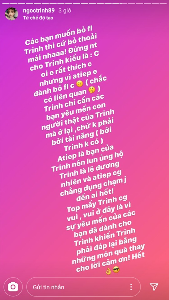 Bị unfollow đồng loạt sau phát ngôn của ông bầu Vũ Khắc Tiệp, Ngọc Trinh lên tiếng: 'Cứ bỏ thoải mái' - 2 Bị unfollow đồng loạt sau phát ngôn của ông bầu Vũ Khắc Tiệp, Ngọc Trinh lên tiếng: 'Cứ bỏ thoải mái' - 2