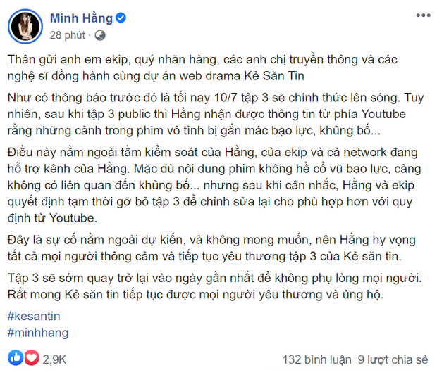 Tập 3 web drama của Minh Hằng vừa lên sóng đã bị gỡ vì Youtube gắn mác khủng bố Tập 3 web drama của Minh Hằng vừa lên sóng đã bị gỡ vì Youtube gắn mác khủng bố