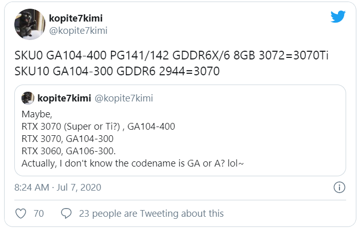 Lộ thông số card màn hình GeForce RTX 3070, RTX 3070 Ti trang bị bộ nhớ GDDR6X Lộ thông số card màn hình GeForce RTX 3070, RTX 3070 Ti trang bị bộ nhớ GDDR6X