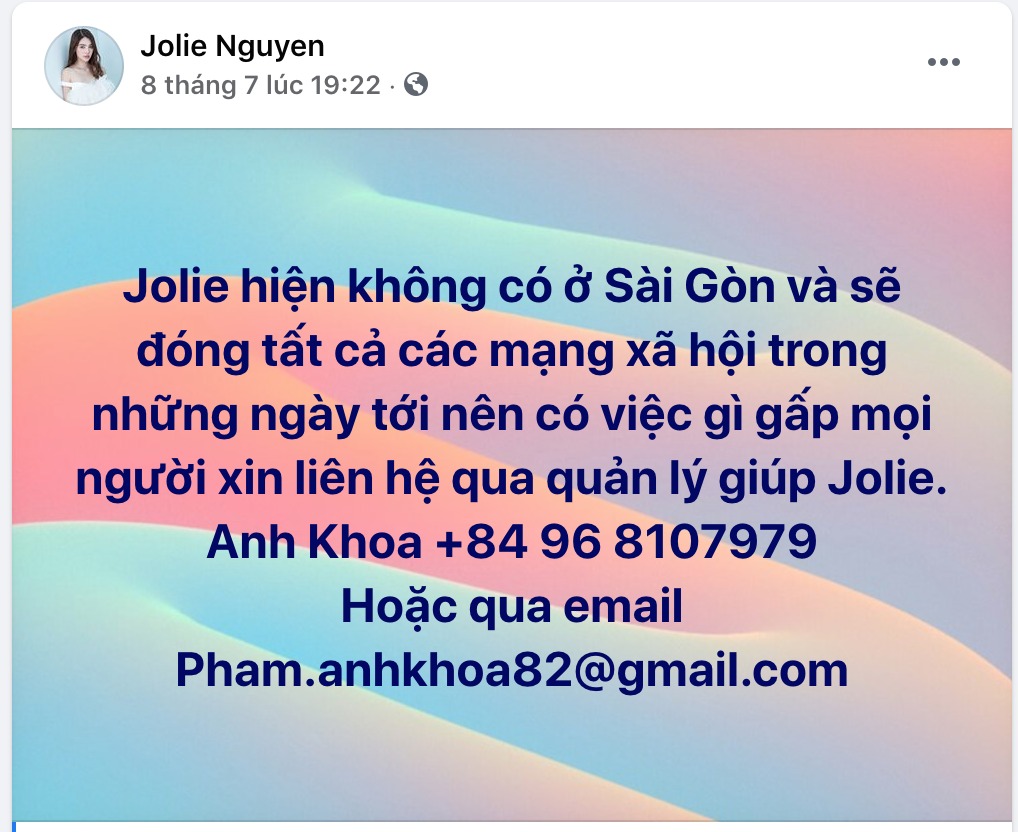 Hoa hậu con nhà giàu Jolie Nguyễn thông báo đóng tất cả các tài khoản mạng xã hội - 1 Hoa hậu con nhà giàu Jolie Nguyễn thông báo đóng tất cả các tài khoản mạng xã hội - 1