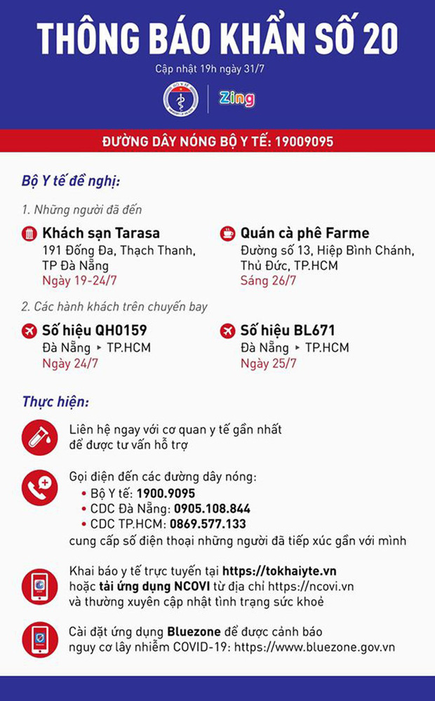 Bộ Y tế phát thông báo khẩn: Những ai từng đến quán cafe, khách sạn và 2 chuyến bay sau cần liên hệ ngay với cơ sở y tế Bộ Y tế phát thông báo khẩn: Những ai từng đến quán cafe, khách sạn và 2 chuyến bay sau cần liên hệ ngay với cơ sở y tế