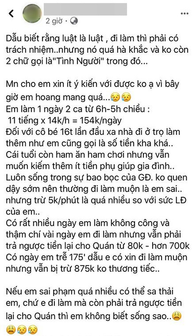 Làm 1 tháng đi muộn 17 ngày bị trừ lương, cô gái trẻ lên than thở chủ quán gây khó dễ khiến dân tình tranh cãi Làm 1 tháng đi muộn 17 ngày bị trừ lương, cô gái trẻ lên than thở chủ quán gây khó dễ khiến dân tình tranh cãi