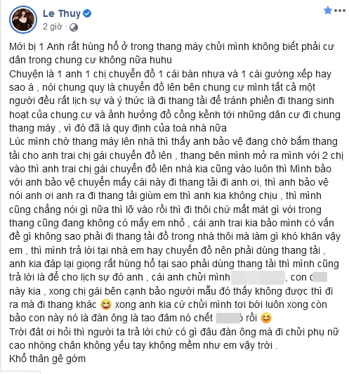 Người mẫu Lê Thúy kể chuyện bị dọa lấy mạng chỉ vì nhắc nhở ý thức đi thang máy Người mẫu Lê Thúy kể chuyện bị dọa lấy mạng chỉ vì nhắc nhở ý thức đi thang máy