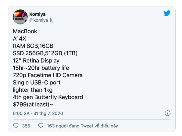 Macbook 12 inch trở lại: Dùng chip ARM (A14X Bionic), 16GB RAM, pin 20 giờ Macbook 12 inch trở lại: Dùng chip ARM (A14X Bionic), 16GB RAM, pin 20 giờ