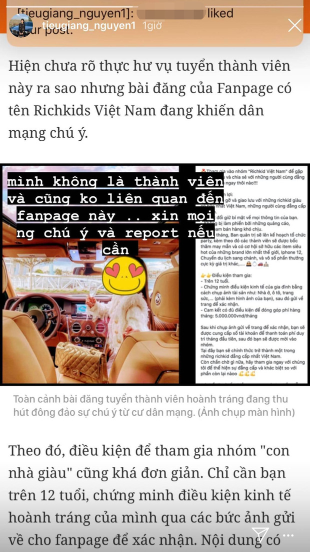 Tiểu Giang - 'chị cả' giới con nhà giàu lên tiếng khi bị fanpage rich kid lấy ảnh tuyển hội viên, thu phí 5 triệu/tháng - 1 Tiểu Giang - 'chị cả' giới con nhà giàu lên tiếng khi bị fanpage rich kid lấy ảnh tuyển hội viên, thu phí 5 triệu/tháng - 1