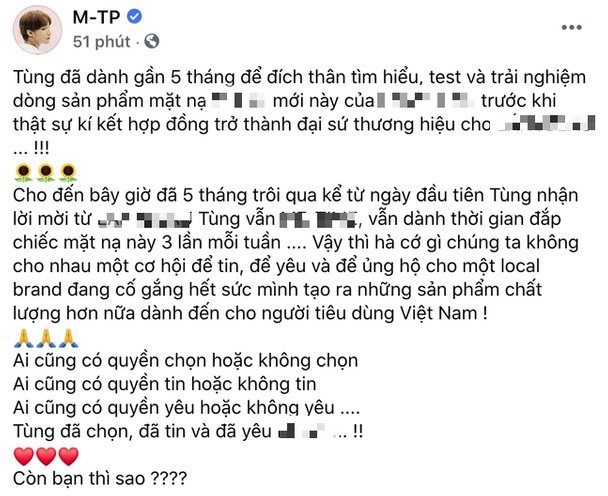 Sơn Tùng M-TP chính thức lên tiếng trước nghi án PR cho hãng mỹ phẩm kem trộn: Khẳng định đã tự dùng thử, trải nghiệm trong 5 tháng - 3 Sơn Tùng M-TP chính thức lên tiếng trước nghi án PR cho hãng mỹ phẩm kem trộn: Khẳng định đã tự dùng thử, trải nghiệm trong 5 tháng - 3