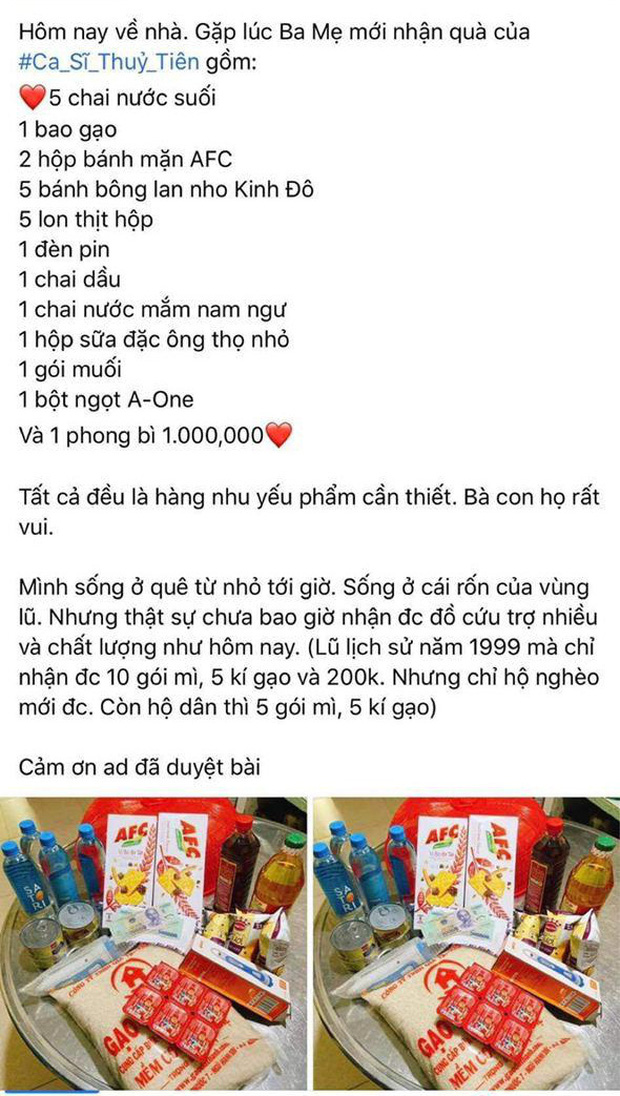 Người dân Huế vui mừng khoe phần quà được Thủy Tiên cứu trợ, đầy đủ từ lương thực, nước uống cho đến tiền và nhu yếu phẩm nhưng sự thật là gì? Người dân Huế vui mừng khoe phần quà được Thủy Tiên cứu trợ, đầy đủ từ lương thực, nước uống cho đến tiền và nhu yếu phẩm nhưng sự thật là gì?