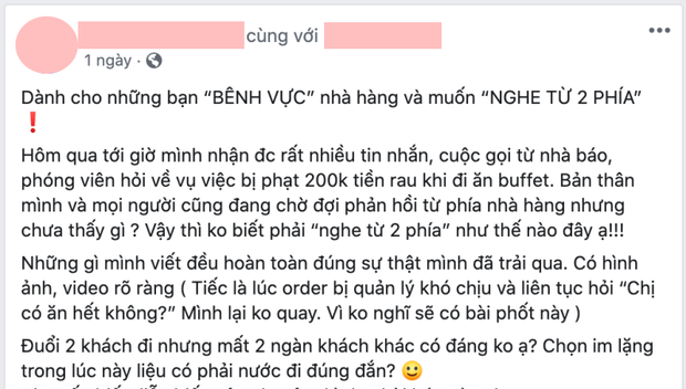 Vụ ăn buffet bị phụ thu 200k rau muống - chủ nhân bóc phốt gây hoang mang với status: Có chuyện gì mọi người lên tiếng bảo vệ mình nha - 2 Vụ ăn buffet bị phụ thu 200k rau muống - chủ nhân bóc phốt gây hoang mang với status: Có chuyện gì mọi người lên tiếng bảo vệ mình nha - 2