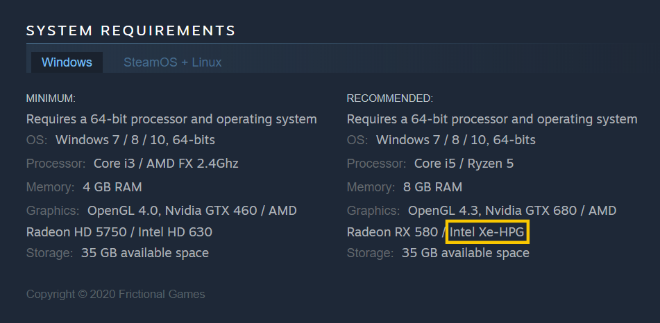 Card đồ họa Intel Xe HPG bất ngờ xuất hiện trong cấu hình đề nghị của game kinh dị, mạnh ngang NVIDIA GTX 680 và AMD RX 580 Card đồ họa Intel Xe HPG bất ngờ xuất hiện trong cấu hình đề nghị của game kinh dị, mạnh ngang NVIDIA GTX 680 và AMD RX 580