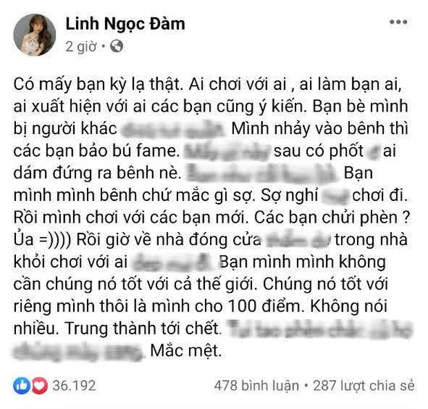Linh Ngọc Đàm lại nổi đóa trên mạng xã hội, chốt lại với quan điểm gây nhiều tranh cãi: 'Bạn mình, mình bênh chứ mắc gì sợ!' Linh Ngọc Đàm lại nổi đóa trên mạng xã hội, chốt lại với quan điểm gây nhiều tranh cãi: 'Bạn mình, mình bênh chứ mắc gì sợ!'