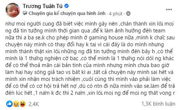 Streamer Tú Sena chính thức lên tiếng xác nhận việc nợ nần vì cờ bạc và bị Thầy Giáo Ba đuổi khỏi gaming house SBTC - 1 Streamer Tú Sena chính thức lên tiếng xác nhận việc nợ nần vì cờ bạc và bị Thầy Giáo Ba đuổi khỏi gaming house SBTC - 1