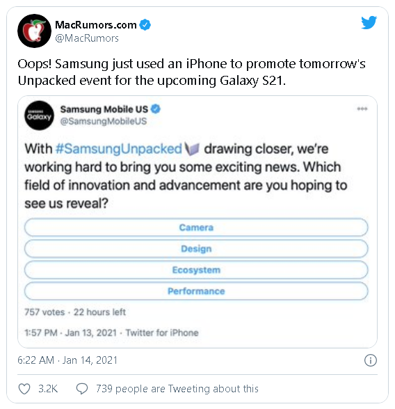 Samsung bị bắt quả tang đăng tweet quảng cáo cho Galaxy S21, nhưng bằng iPhone - 1 Samsung bị bắt quả tang đăng tweet quảng cáo cho Galaxy S21, nhưng bằng iPhone - 1