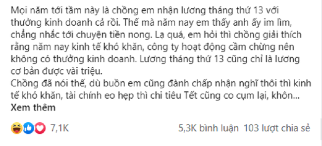 Chồng giấu thưởng Tết mua 'quà khủng' biếu riêng nhà nội, vợ điềm nhiên như không rồi ra tay 'chốt hạ' không thể "rắn" hơn Chồng giấu thưởng Tết mua 'quà khủng' biếu riêng nhà nội, vợ điềm nhiên như không rồi ra tay 'chốt hạ' không thể "rắn" hơn