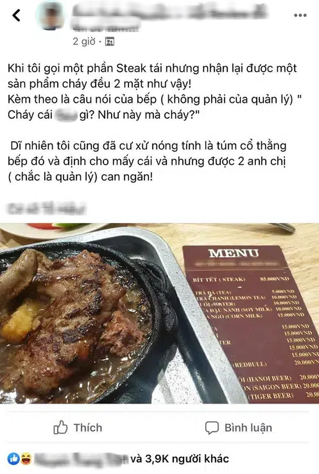 Gọi 1 phần steak tái nhưng đầu bếp mang ra phần cháy đều 2 mặt, khách phàn nàn liền bị chửi 'vuốt mặt không kịp' Gọi 1 phần steak tái nhưng đầu bếp mang ra phần cháy đều 2 mặt, khách phàn nàn liền bị chửi 'vuốt mặt không kịp'