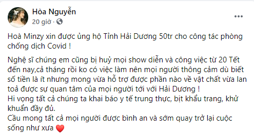Hòa Minzy ủng hộ Hải Dương 50 triệu đồng chống dịch Covid-19, mong được thông cảm vì 'số tiền ít' Hòa Minzy ủng hộ Hải Dương 50 triệu đồng chống dịch Covid-19, mong được thông cảm vì 'số tiền ít'