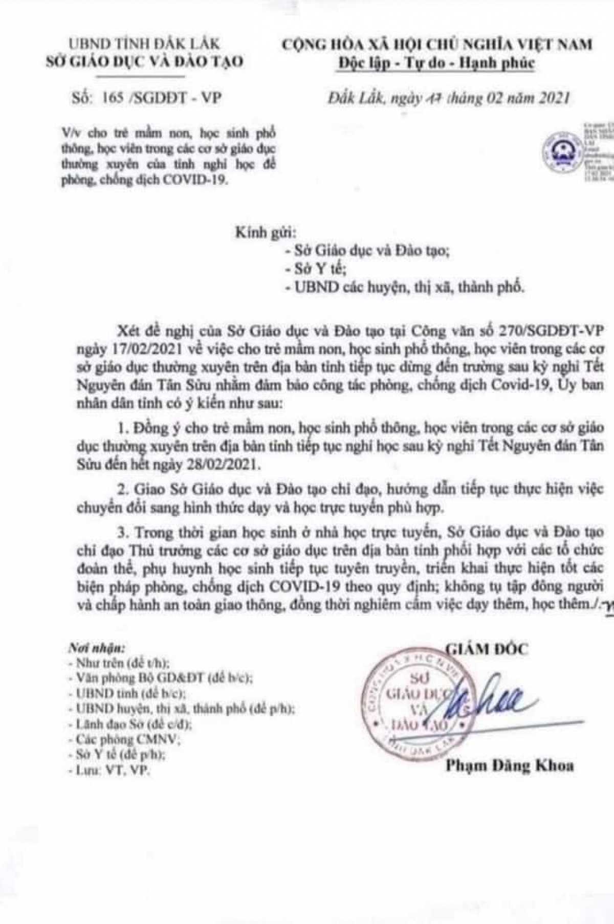Đắk Lắk điều tra công văn giả mạo cho học sinh nghỉ học phòng dịch Covid-19 Đắk Lắk điều tra công văn giả mạo cho học sinh nghỉ học phòng dịch Covid-19