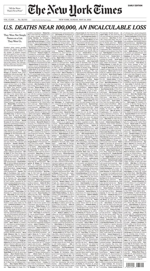 1000, 100.000, rồi nửa triệu: 2 trang nhất gây ám ảnh cả thế giới của New York Times về hiện thực đau đớn Covid-19 mang lại - 1 1000, 100.000, rồi nửa triệu: 2 trang nhất gây ám ảnh cả thế giới của New York Times về hiện thực đau đớn Covid-19 mang lại - 1