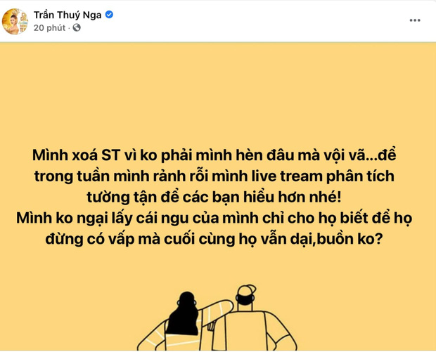 Thuý Nga đưa ra lý do xoá status chê trách vợ cũ Hoàng Anh, bạn thân Quỳnh Như cũng vào cuộc Thuý Nga đưa ra lý do xoá status chê trách vợ cũ Hoàng Anh, bạn thân Quỳnh Như cũng vào cuộc