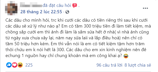 Tiết kiệm riêng trước hôn nhân được gần 300 triệu, dâu mới tiêu thế nào để không bị mất lòng? Tiết kiệm riêng trước hôn nhân được gần 300 triệu, dâu mới tiêu thế nào để không bị mất lòng?
