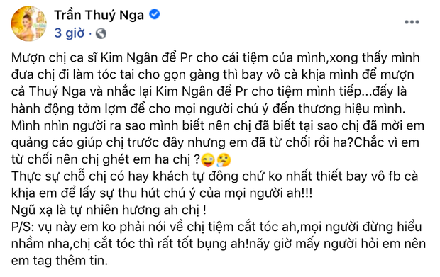 Thuý Nga sáng nay 'nổi đoá' dằn mặt ai đó: 'Mượn cả Thúy Nga và nhắc lại Kim Ngân để PR là hành động tởm lợm' Thuý Nga sáng nay 'nổi đoá' dằn mặt ai đó: 'Mượn cả Thúy Nga và nhắc lại Kim Ngân để PR là hành động tởm lợm'