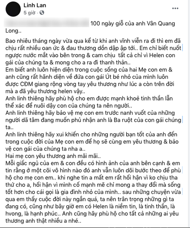 Linh Lan khẳng định bé Helen là con ruột của NS Vân Quang Long, nhắn nhủ: 'Hai mẹ con yêu thương anh mãi mãi' Linh Lan khẳng định bé Helen là con ruột của NS Vân Quang Long, nhắn nhủ: 'Hai mẹ con yêu thương anh mãi mãi'