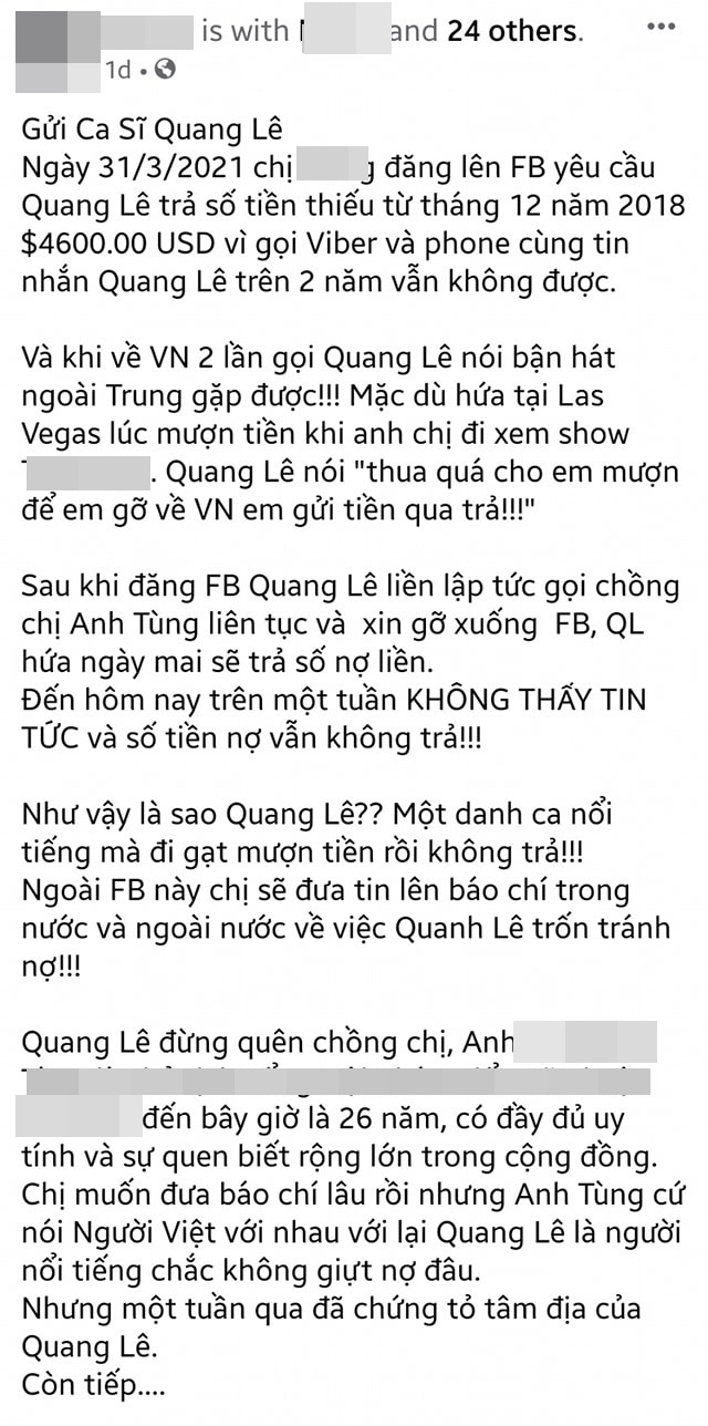 Xôn xao tin Quang Lê bị người quen tố vay hơn 100 triệu đồng sau 2 năm vẫn không trả, tiết lộ tin nhắn đòi nợ càng ức chế hơn Xôn xao tin Quang Lê bị người quen tố vay hơn 100 triệu đồng sau 2 năm vẫn không trả, tiết lộ tin nhắn đòi nợ càng ức chế hơn