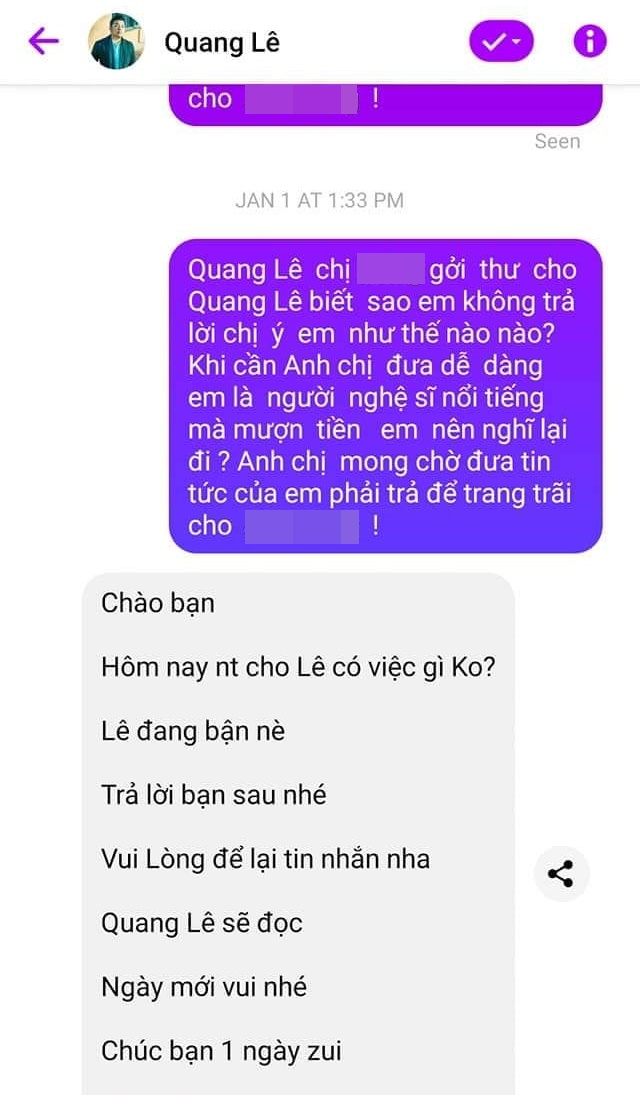 Xôn xao tin Quang Lê bị người quen tố vay hơn 100 triệu đồng sau 2 năm vẫn không trả, tiết lộ tin nhắn đòi nợ càng ức chế hơn - 3 Xôn xao tin Quang Lê bị người quen tố vay hơn 100 triệu đồng sau 2 năm vẫn không trả, tiết lộ tin nhắn đòi nợ càng ức chế hơn - 3