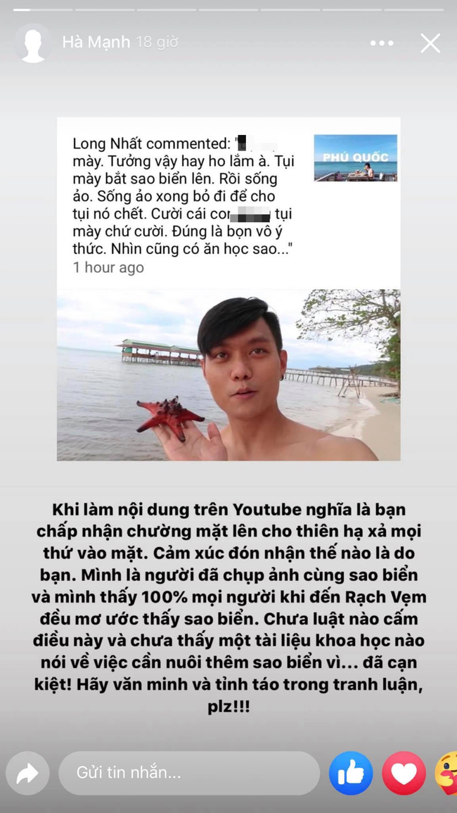 Blogger 9x gây tranh cãi khi lên tiếng bảo vệ những người chụp ảnh khiến sao biển chết hàng loạt ở Phú Quốc: 'Chưa luật nào cấm điều này' - 3 Blogger 9x gây tranh cãi khi lên tiếng bảo vệ những người chụp ảnh khiến sao biển chết hàng loạt ở Phú Quốc: 'Chưa luật nào cấm điều này' - 3