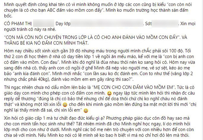 Cho con đi học thêm trước khi vào lớp 1, mẹ Hà Nội bức xúc vì cô giáo xúi trẻ khác vả miệng con vì tội nói chuyện trong lớp Cho con đi học thêm trước khi vào lớp 1, mẹ Hà Nội bức xúc vì cô giáo xúi trẻ khác vả miệng con vì tội nói chuyện trong lớp