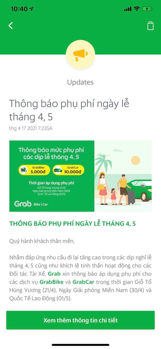 Grab lên tiếng về việc thu thêm phụ phí vào 3 ngày lễ 21/4, 30/4 và 1/5 Grab lên tiếng về việc thu thêm phụ phí vào 3 ngày lễ 21/4, 30/4 và 1/5