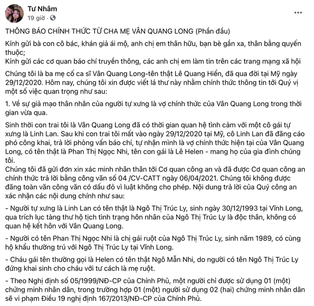 Linh Lan lên tiếng khi bị bố mẹ NS Vân Quang Long tố giả mạo nhân thân: 'Lúc anh Long còn sống sao không đòi xác minh' - 2 Linh Lan lên tiếng khi bị bố mẹ NS Vân Quang Long tố giả mạo nhân thân: 'Lúc anh Long còn sống sao không đòi xác minh' - 2