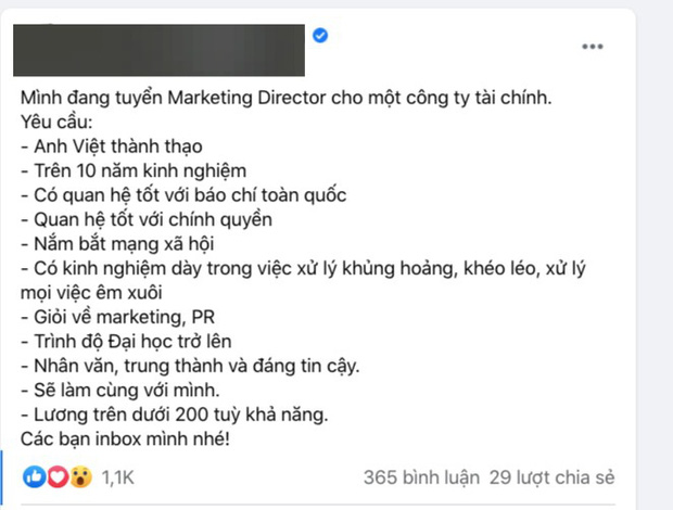Xuất hiện bài đăng tuyển cộng sự lương 200 triệu/tháng: Nghề gì mà hot vậy? Xuất hiện bài đăng tuyển cộng sự lương 200 triệu/tháng: Nghề gì mà hot vậy?