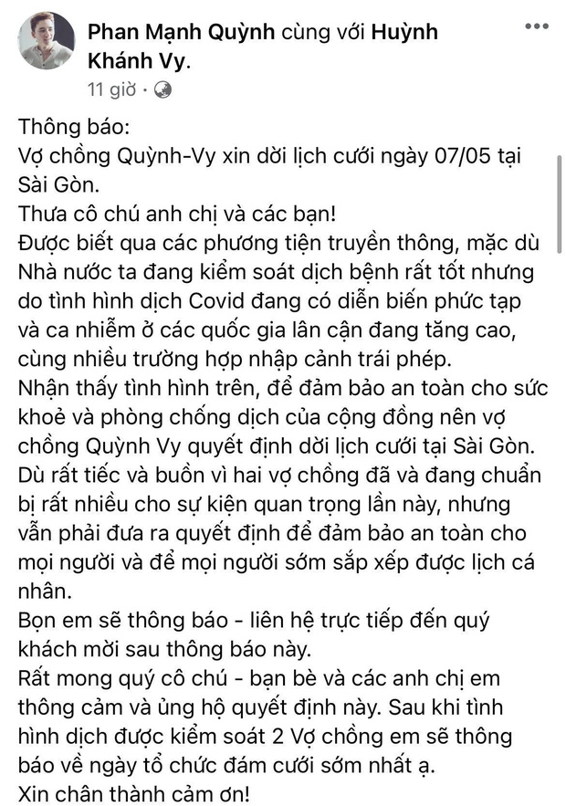 Phan Mạnh Quỳnh và vợ hot girl tạm hoãn đám cưới ở TP.HCM, lý do hé lộ được cả dàn sao Vbiz ủng hộ Phan Mạnh Quỳnh và vợ hot girl tạm hoãn đám cưới ở TP.HCM, lý do hé lộ được cả dàn sao Vbiz ủng hộ