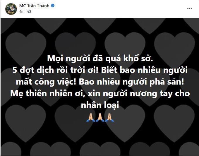 Trấn Thành gây tranh cãi vì đăng status cầu xin 'mẹ thiên nhiên nương tay' giữa dịch Covid-19 sau đó lại xóa vội? Trấn Thành gây tranh cãi vì đăng status cầu xin 'mẹ thiên nhiên nương tay' giữa dịch Covid-19 sau đó lại xóa vội?