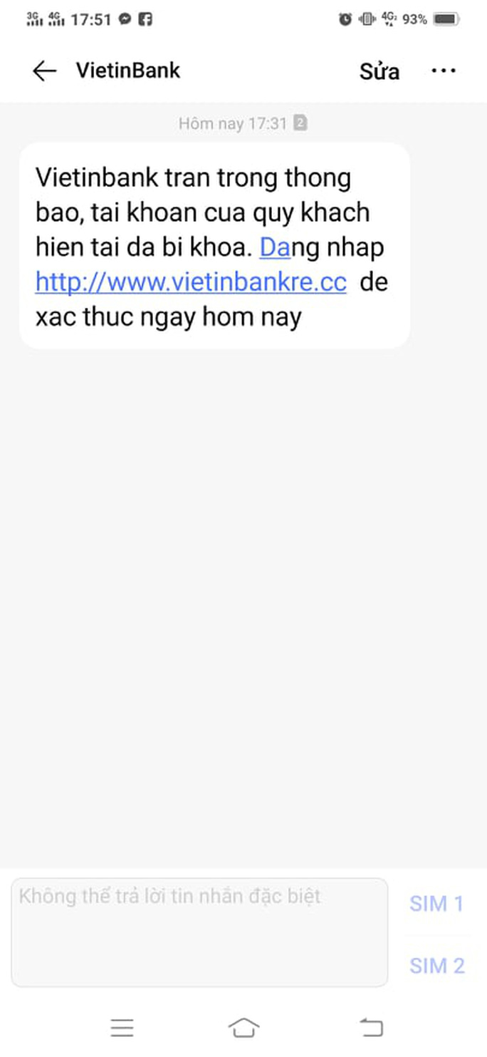 Lại gửi tin nhắn SMS mạo danh ngân hàng để lừa đảo Lại gửi tin nhắn SMS mạo danh ngân hàng để lừa đảo