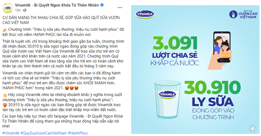 Quỹ sữa Vươn cao Việt Nam của Vinamilk sẽ có thêm 31.000 ly sữa từ sự tham gia của cộng đồng Quỹ sữa Vươn cao Việt Nam của Vinamilk sẽ có thêm 31.000 ly sữa từ sự tham gia của cộng đồng