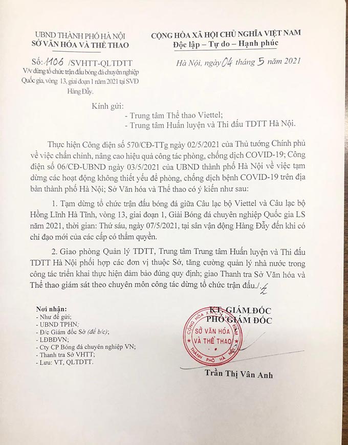 Tạm hoãn tổ chức trận đấu Viettel gặp HL Hà Tĩnh - 1 Tạm hoãn tổ chức trận đấu Viettel gặp HL Hà Tĩnh - 1