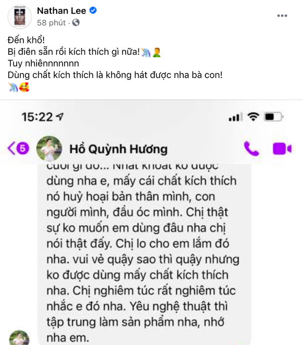 Hồ Quỳnh Hương lo lắng nhắn tin nhắc nhở 'không được dùng chất kích thích', Nathan Lee trả lời thế nào? - 1 Hồ Quỳnh Hương lo lắng nhắn tin nhắc nhở 'không được dùng chất kích thích', Nathan Lee trả lời thế nào? - 1
