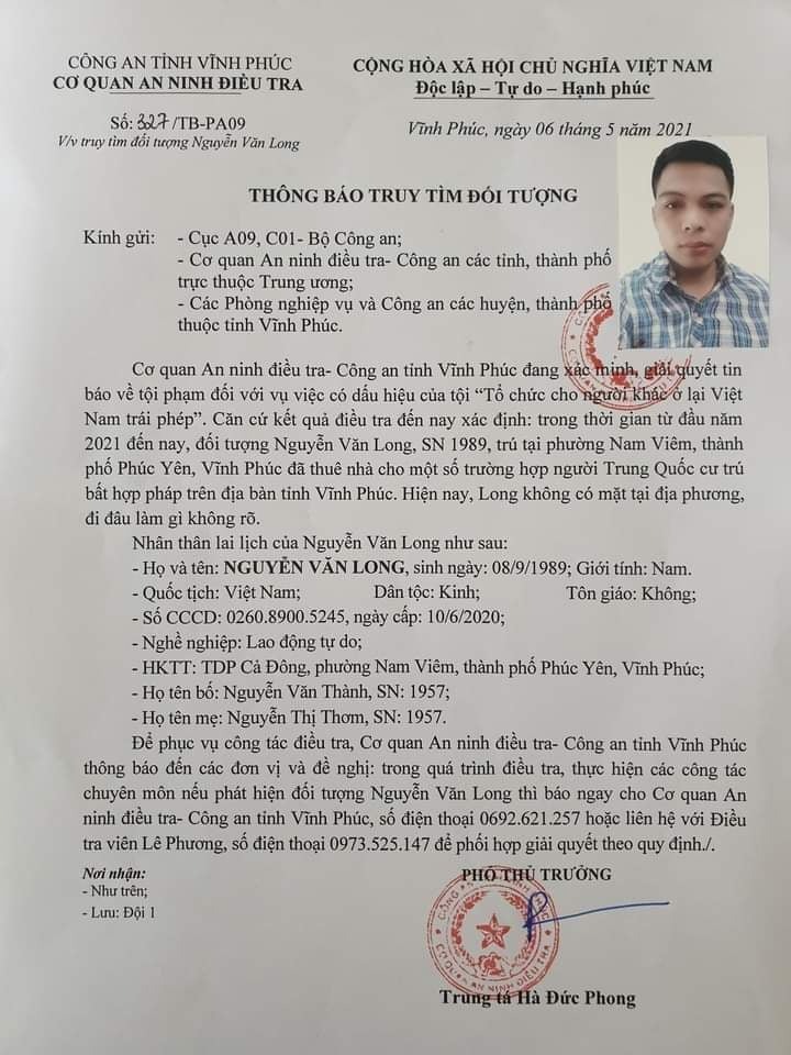 Vĩnh Phúc: Truy tìm đối tượng bao che người Trung Quốc cư trú trái phép Vĩnh Phúc: Truy tìm đối tượng bao che người Trung Quốc cư trú trái phép
