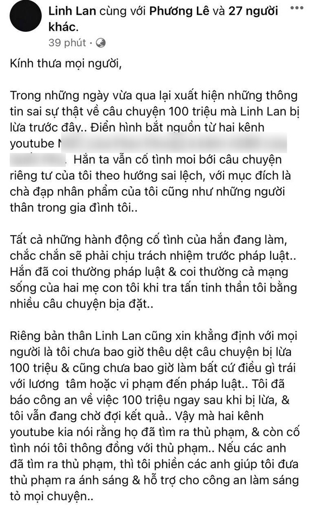 Linh Lan chính thức lên tiếng vì bị tố là đồng phạm trong vụ lừa đảo 100 triệu chi phí tang lễ của NS Vân Quang Long Linh Lan chính thức lên tiếng vì bị tố là đồng phạm trong vụ lừa đảo 100 triệu chi phí tang lễ của NS Vân Quang Long