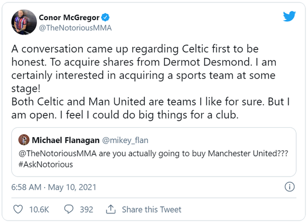 Conor McGregor tái khẳng định tham vọng thâu tóm Man United, tiết lộ đang đàm phán mua cổ phần của Celtic Conor McGregor tái khẳng định tham vọng thâu tóm Man United, tiết lộ đang đàm phán mua cổ phần của Celtic