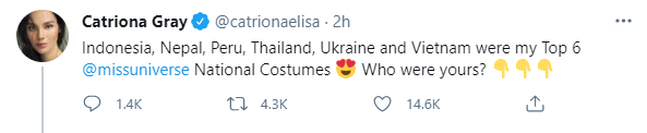 Miss Universe 2020: Ngắm loạt trang phục dân tộc đỉnh cao được đích thân đương kim Hoa hậu Catriona Gray lựa chọn Miss Universe 2020: Ngắm loạt trang phục dân tộc đỉnh cao được đích thân đương kim Hoa hậu Catriona Gray lựa chọn