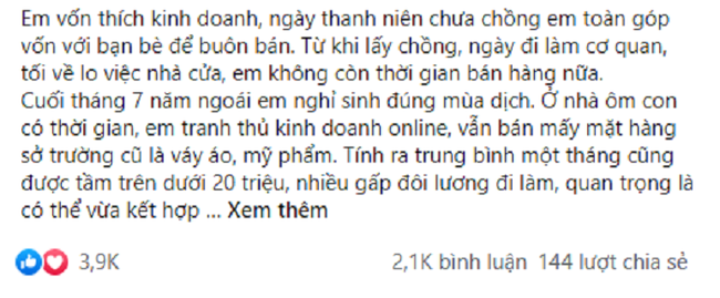 Cô vợ bán hàng online thu nhập 20 triệu/tháng vẫn bị chồng chê 'não ngắn' và phản ứng 'căng đét' sau đó hút 2,1k bình luận Cô vợ bán hàng online thu nhập 20 triệu/tháng vẫn bị chồng chê 'não ngắn' và phản ứng 'căng đét' sau đó hút 2,1k bình luận