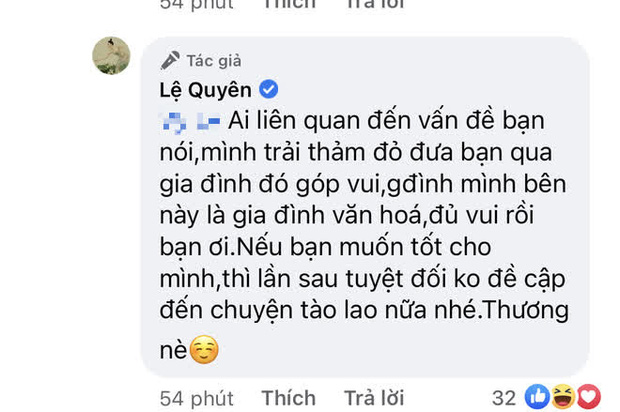 Đang yên đang lành bị kéo vào lùm xùm của giới nghệ sĩ, Lệ Quyên đáp trả 1 chọi 1 căng như dây đàn với antifan - 3 Đang yên đang lành bị kéo vào lùm xùm của giới nghệ sĩ, Lệ Quyên đáp trả 1 chọi 1 căng như dây đàn với antifan - 3