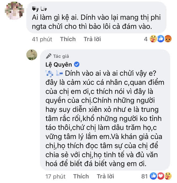 Đang yên đang lành bị kéo vào lùm xùm của giới nghệ sĩ, Lệ Quyên đáp trả 1 chọi 1 căng như dây đàn với antifan - 1 Đang yên đang lành bị kéo vào lùm xùm của giới nghệ sĩ, Lệ Quyên đáp trả 1 chọi 1 căng như dây đàn với antifan - 1