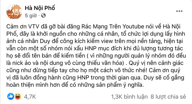 Duy Nến bất ngờ cảm ơn VTV vì xoá clip rác mạng nói về kênh Hà Nội Phố, 'cố' đổi tên YouTube của mình lại như cũ Duy Nến bất ngờ cảm ơn VTV vì xoá clip rác mạng nói về kênh Hà Nội Phố, 'cố' đổi tên YouTube của mình lại như cũ