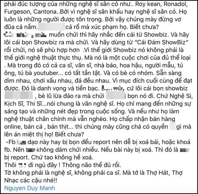 Giữa lúc Bà Phương Hằng và MC Kỳ Duyên tranh cãi kịch liệt, ca sĩ Duy Mạnh bày tỏ cực gắt về giới showbiz: 'Thấy đại gia thì mõi tiền, thấy hoạn nạn thì lờ đi...' - 2 Giữa lúc Bà Phương Hằng và MC Kỳ Duyên tranh cãi kịch liệt, ca sĩ Duy Mạnh bày tỏ cực gắt về giới showbiz: 'Thấy đại gia thì mõi tiền, thấy hoạn nạn thì lờ đi...' - 2