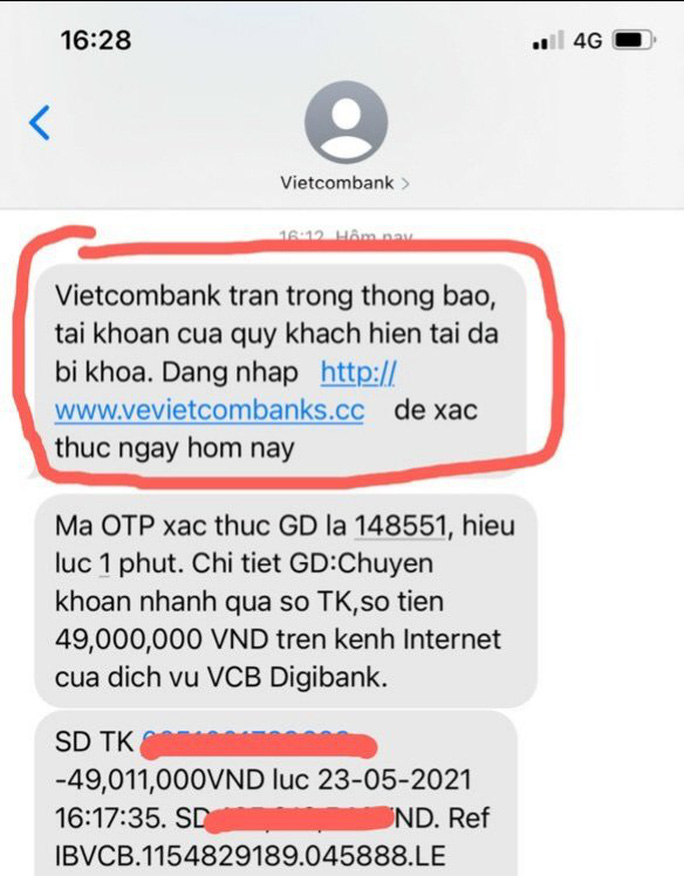 Mất gần 50 triệu đồng sau tin nhắn 'tài khoản ngân hàng đã bị khoá' Mất gần 50 triệu đồng sau tin nhắn 'tài khoản ngân hàng đã bị khoá'